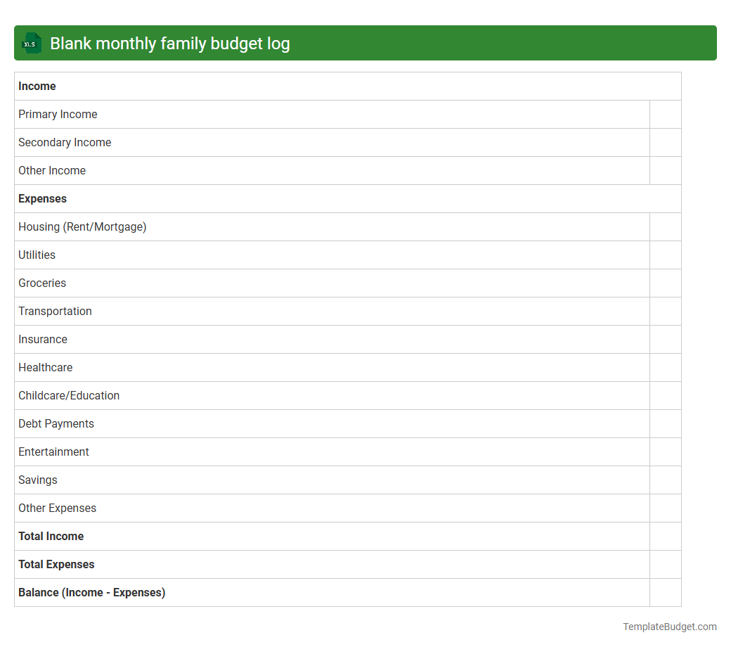 Blank monthly family budget log