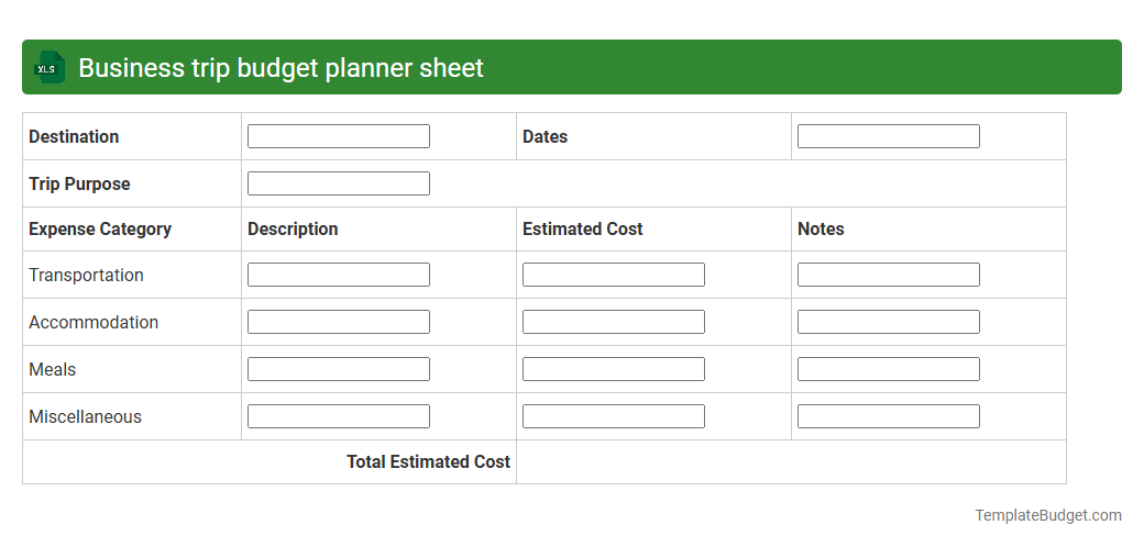 Business trip budget planner sheet