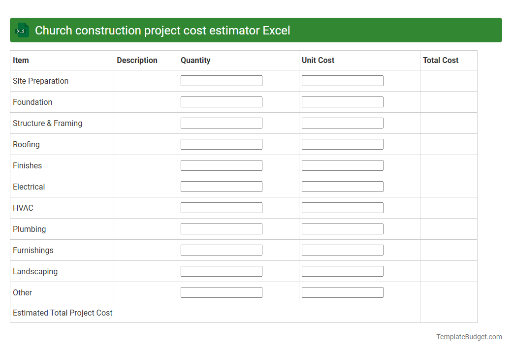 Church construction project cost estimator Excel