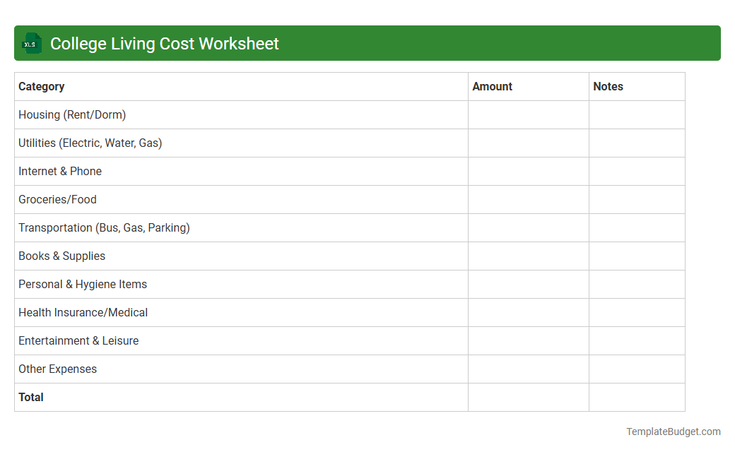 College Living Cost Worksheet