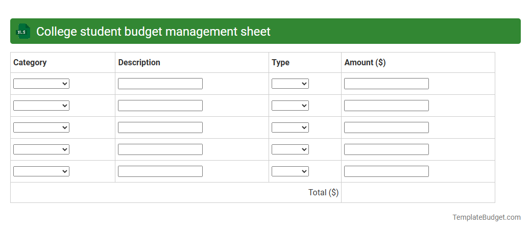 College student budget management sheet