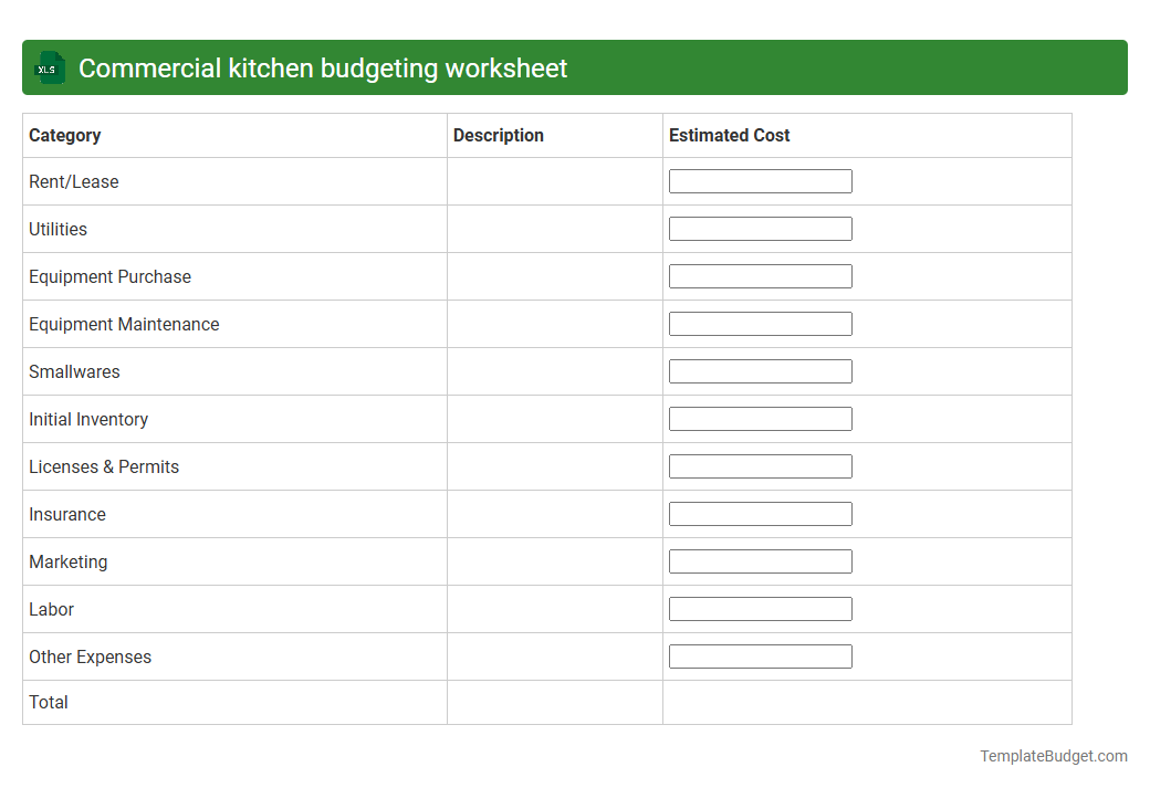 Commercial kitchen budgeting worksheet