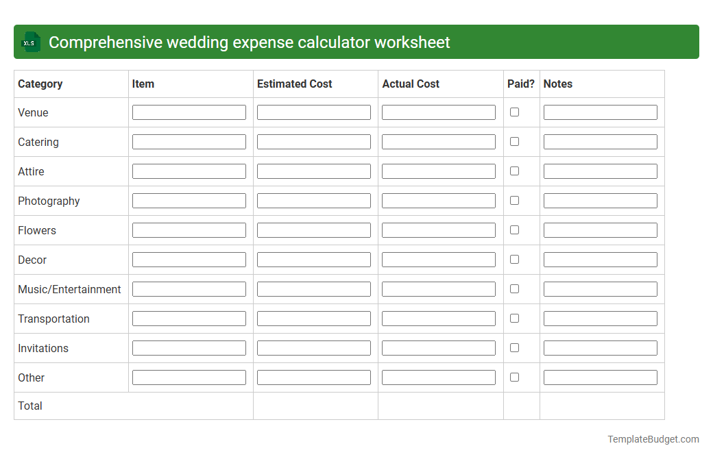 Comprehensive wedding expense calculator worksheet