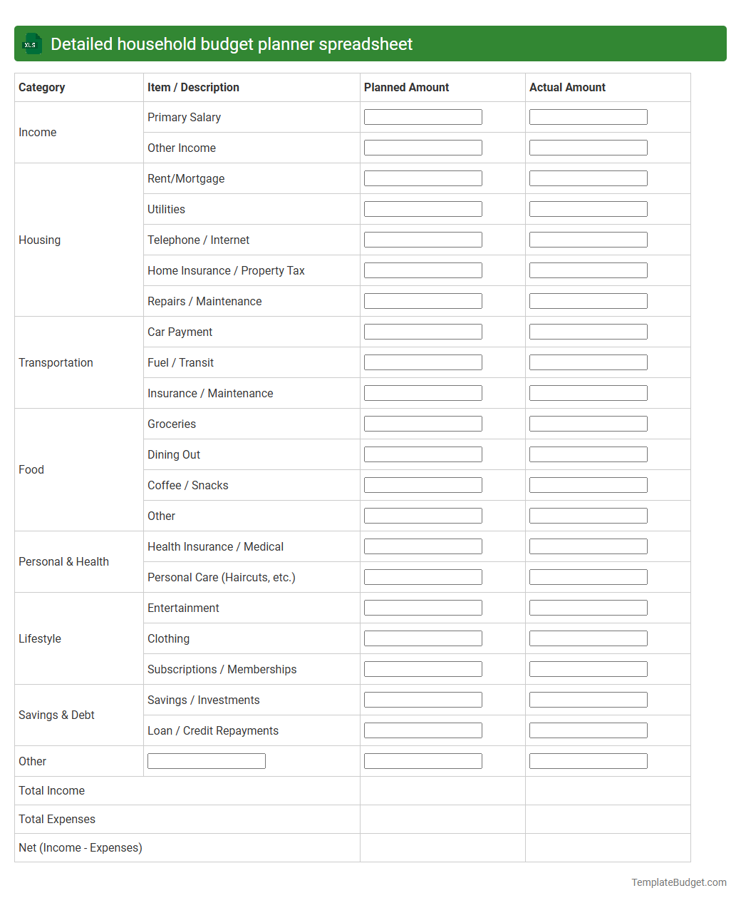 Detailed household budget planner spreadsheet