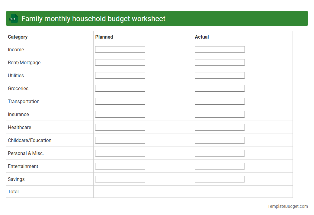 Family monthly household budget worksheet