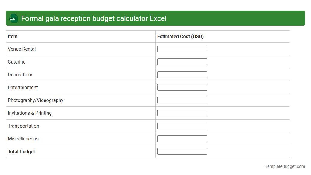 Formal gala reception budget calculator Excel
