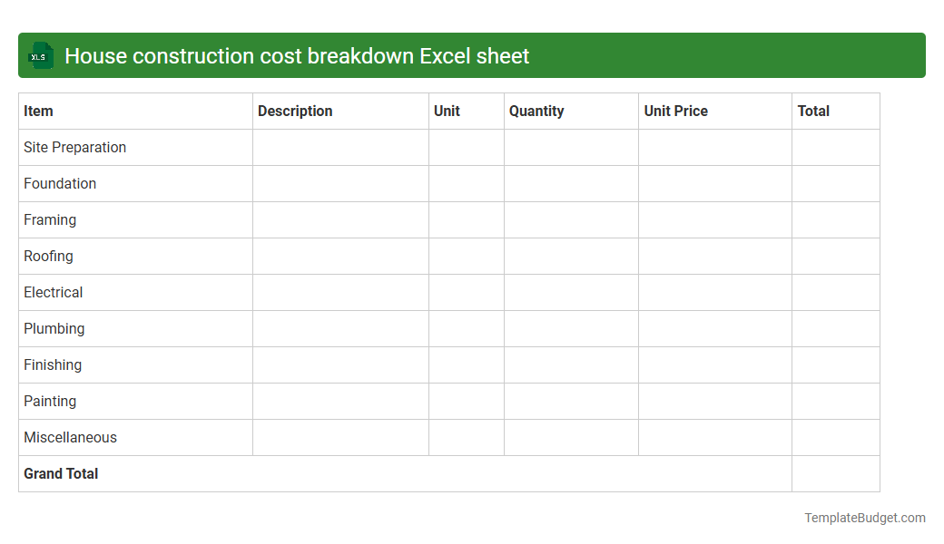 House construction cost breakdown Excel sheet