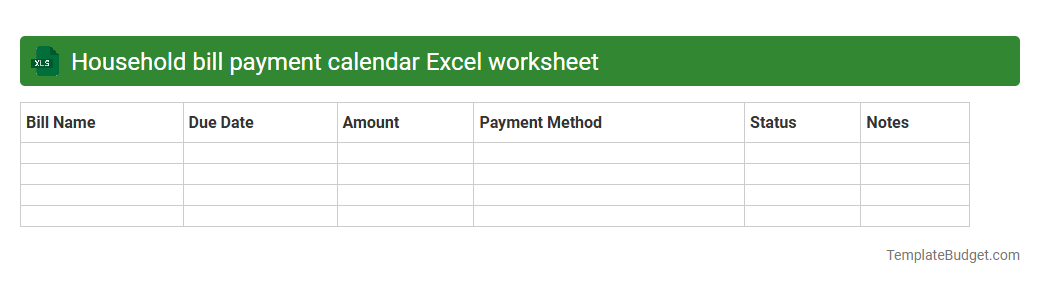 Household bill payment calendar Excel worksheet