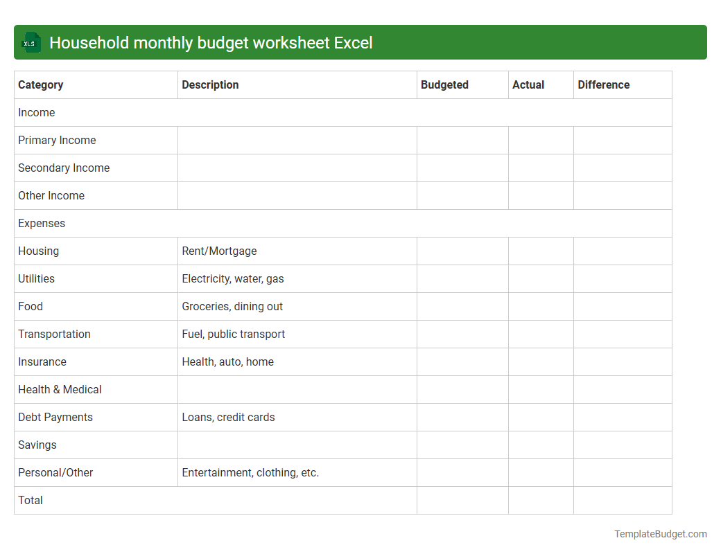 Household monthly budget worksheet Excel
