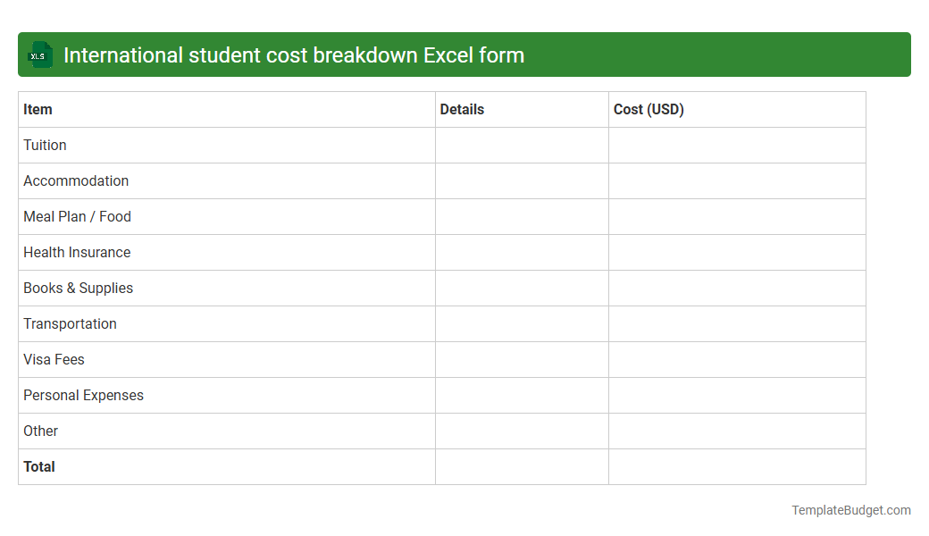 International student cost breakdown Excel form