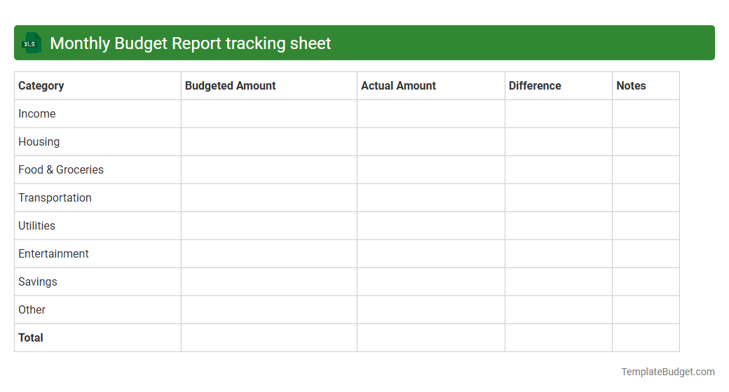 Monthly Budget Report tracking sheet