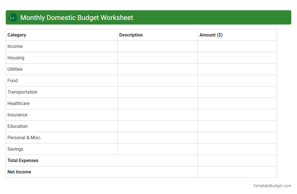 Monthly Domestic Budget Worksheet
