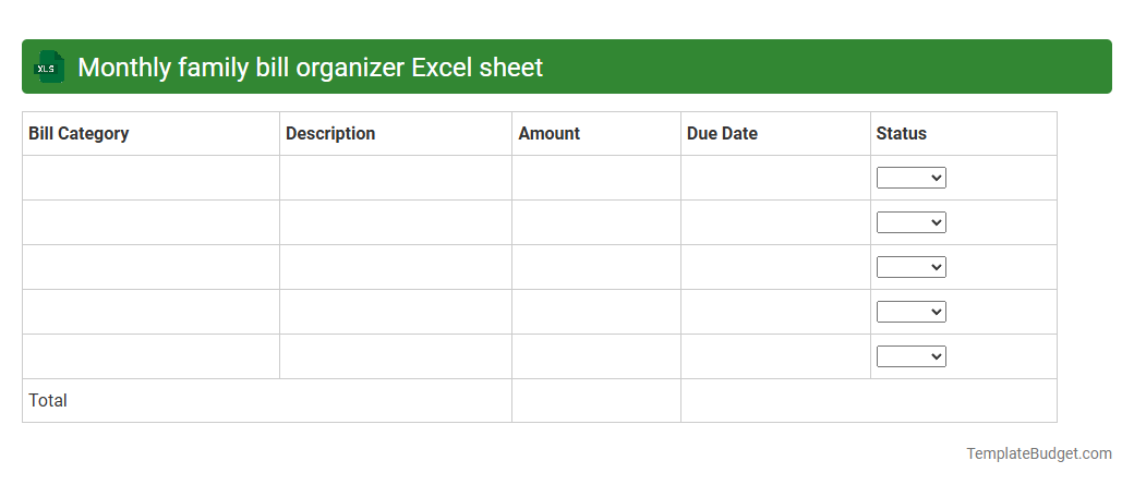 Monthly family bill organizer Excel sheet