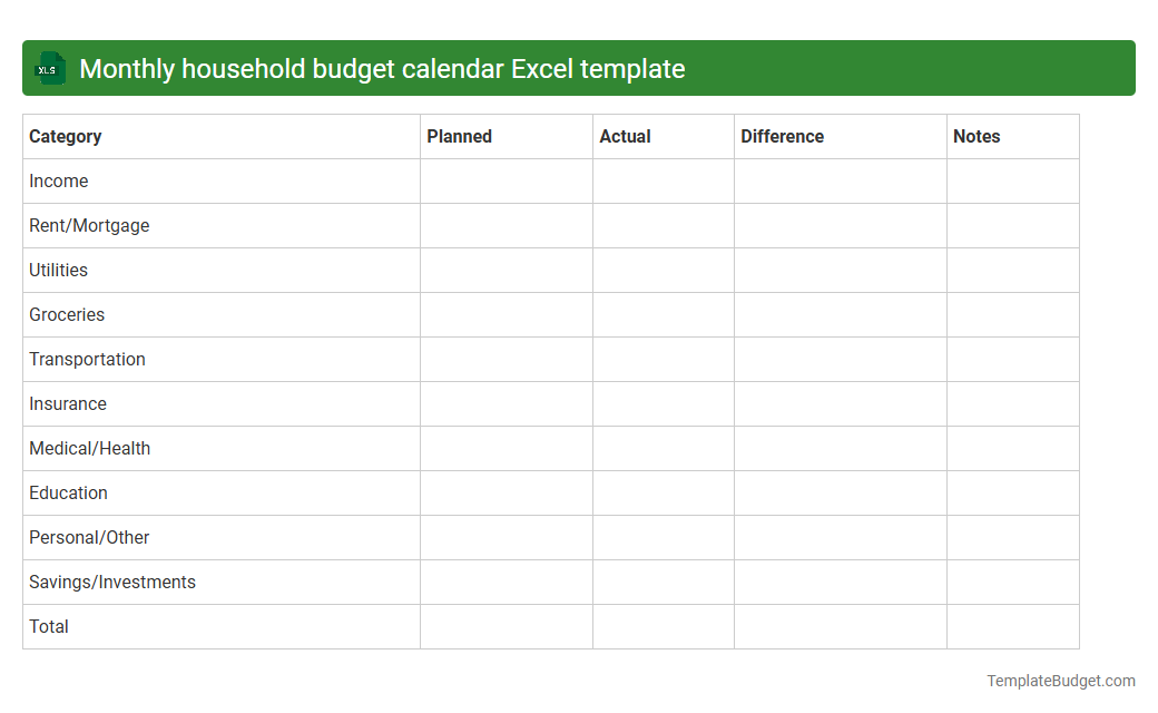 Monthly household budget calendar Excel template