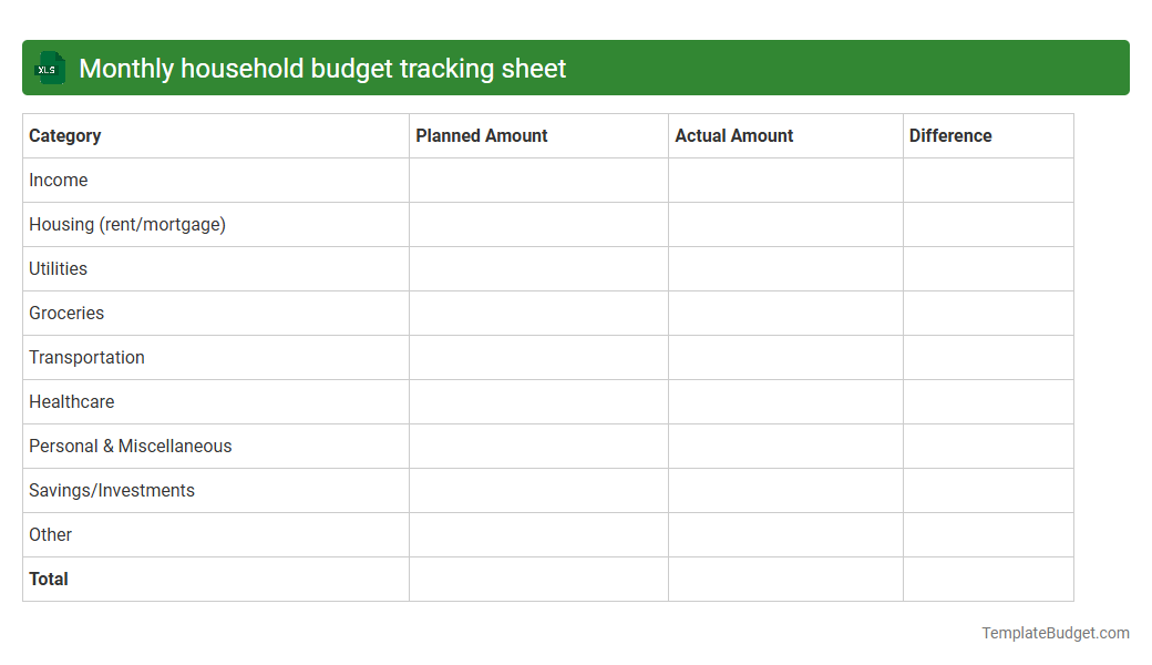 Monthly household budget tracking sheet