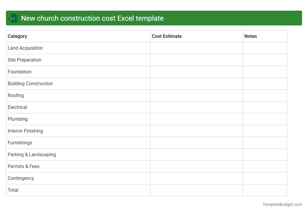 New church construction cost Excel template