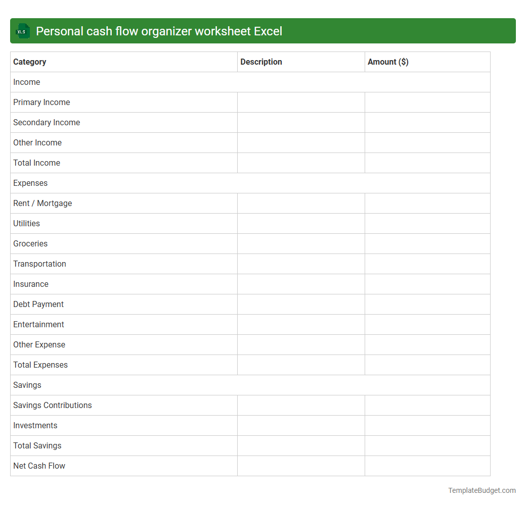 Personal cash flow organizer worksheet Excel