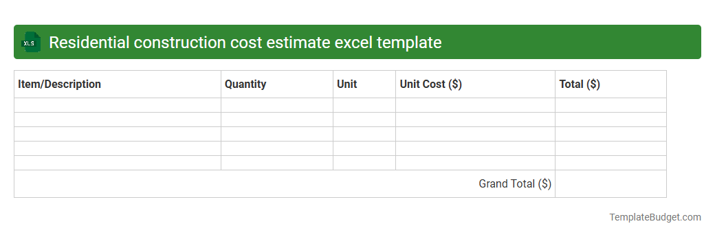 Residential construction cost estimate excel template
