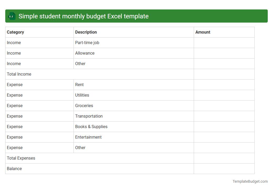 Simple student monthly budget Excel template
