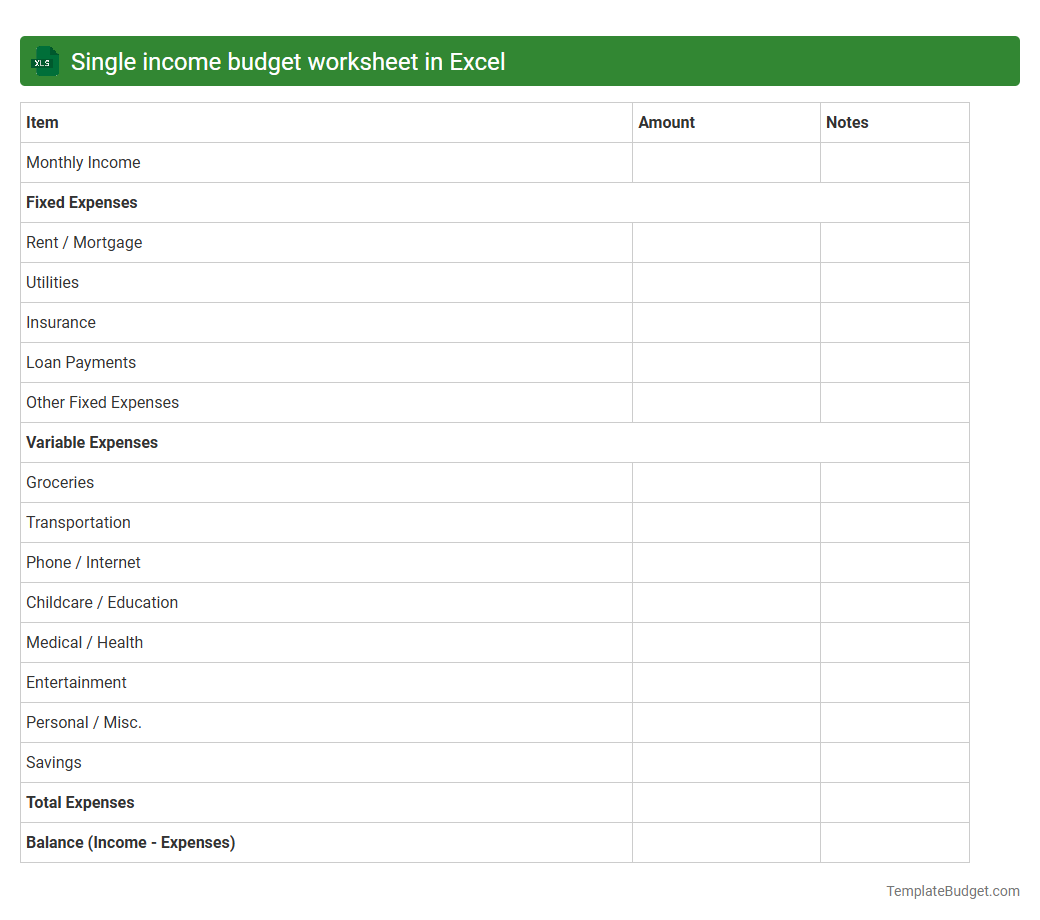 Single income budget worksheet in Excel