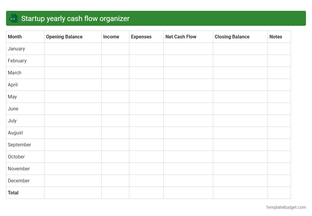 Startup yearly cash flow organizer