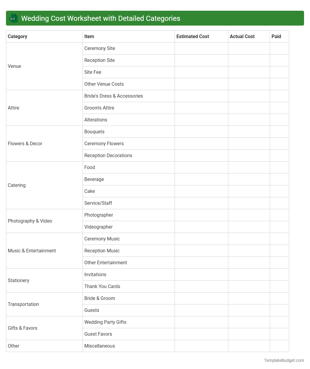Wedding Cost Worksheet with Detailed Categories