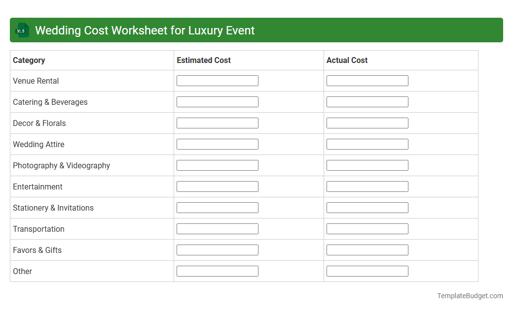 Wedding Cost Worksheet for Luxury Event