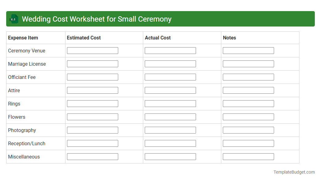 Wedding Cost Worksheet for Small Ceremony