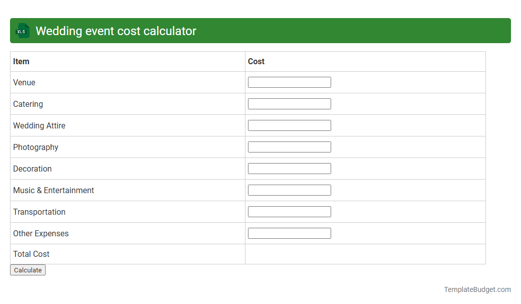 Wedding event cost calculator