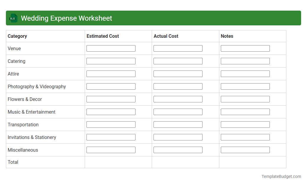 Wedding Expense Worksheet