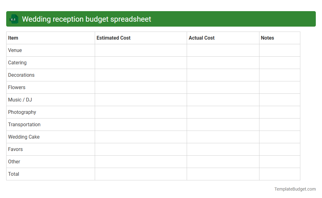 Wedding reception budget spreadsheet