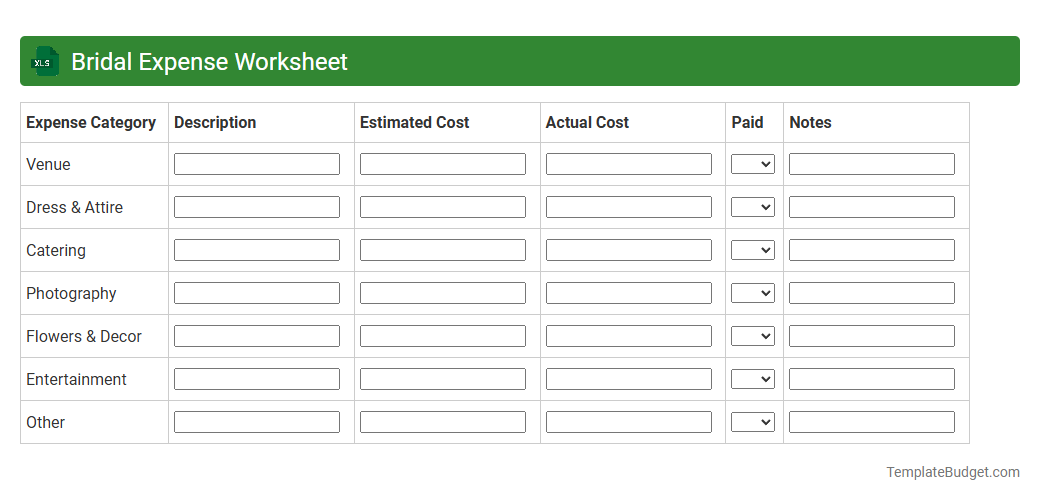 Bridal Expense Worksheet