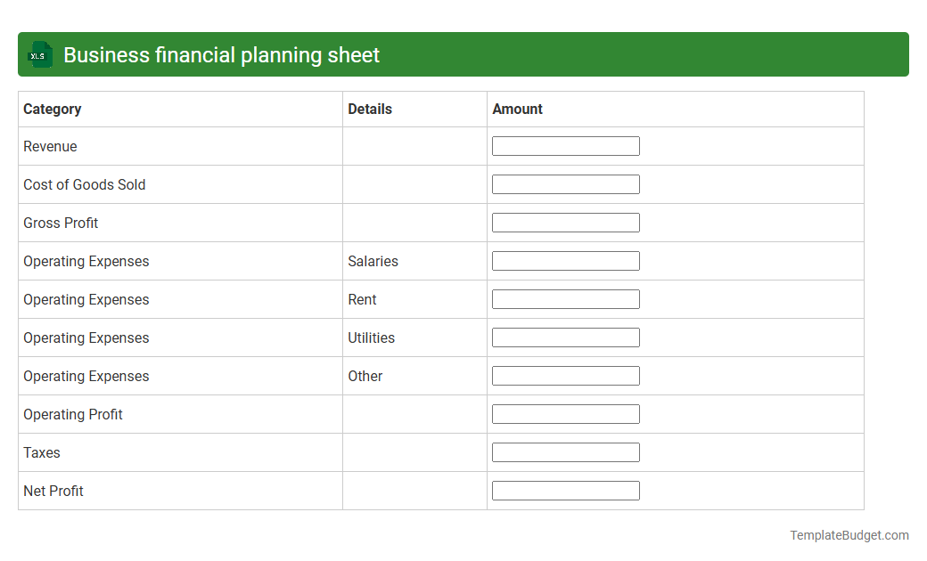 Business financial planning sheet
