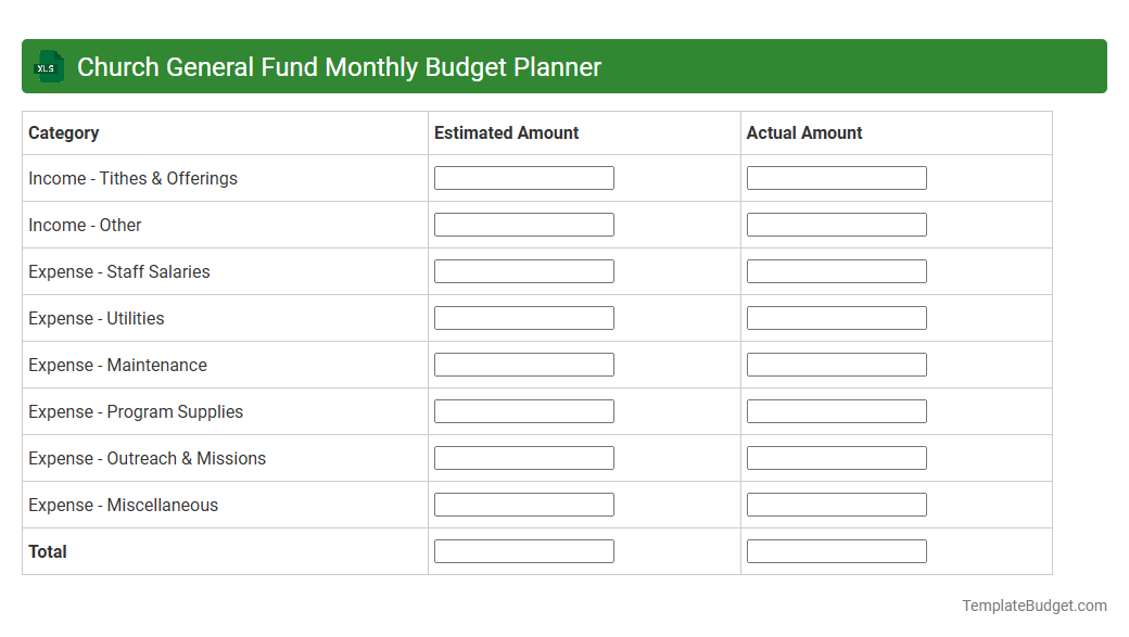 Church General Fund Monthly Budget Planner