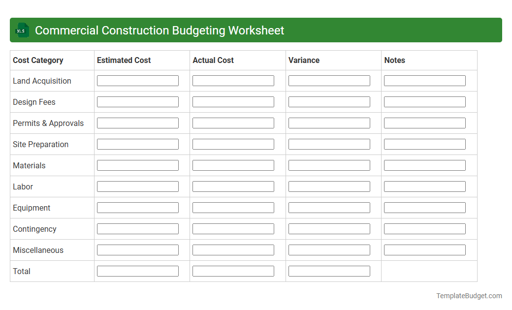 Commercial Construction Budgeting Worksheet