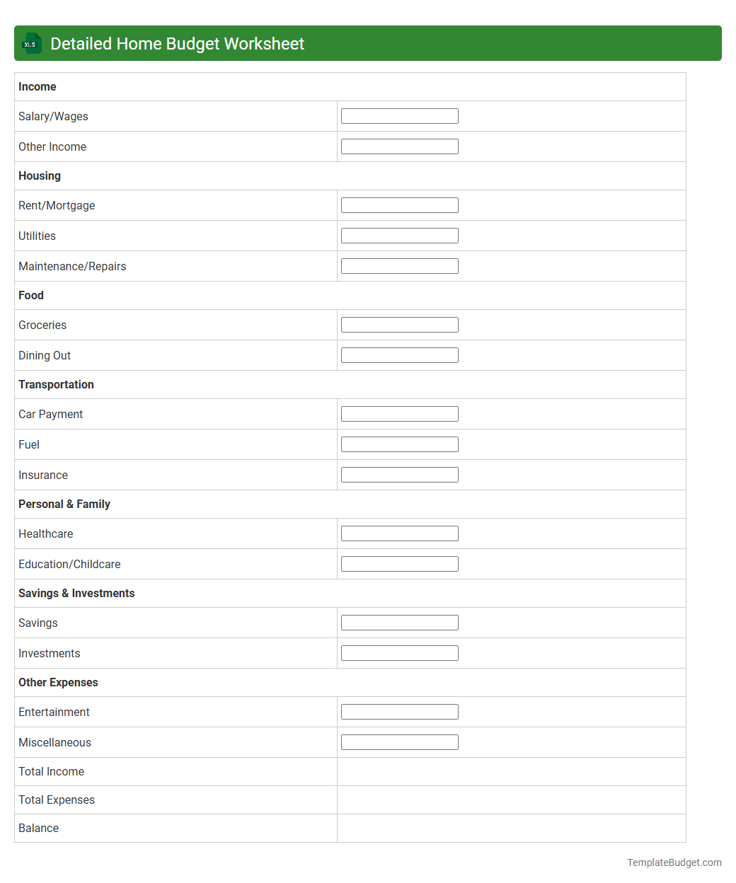 Detailed Home Budget Worksheet