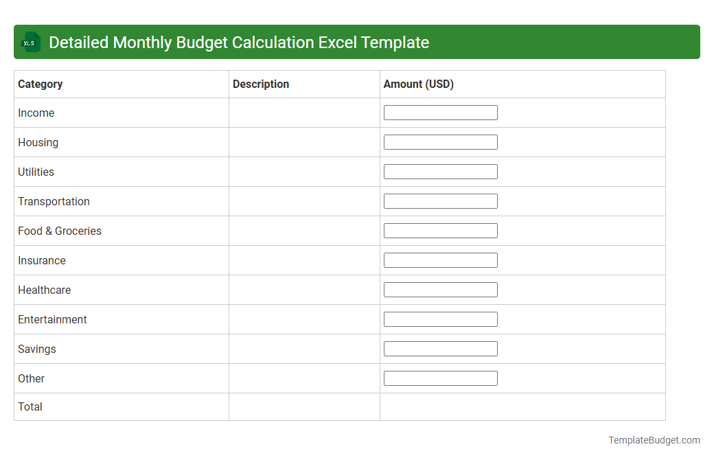 Detailed Monthly Budget Calculation Excel Template