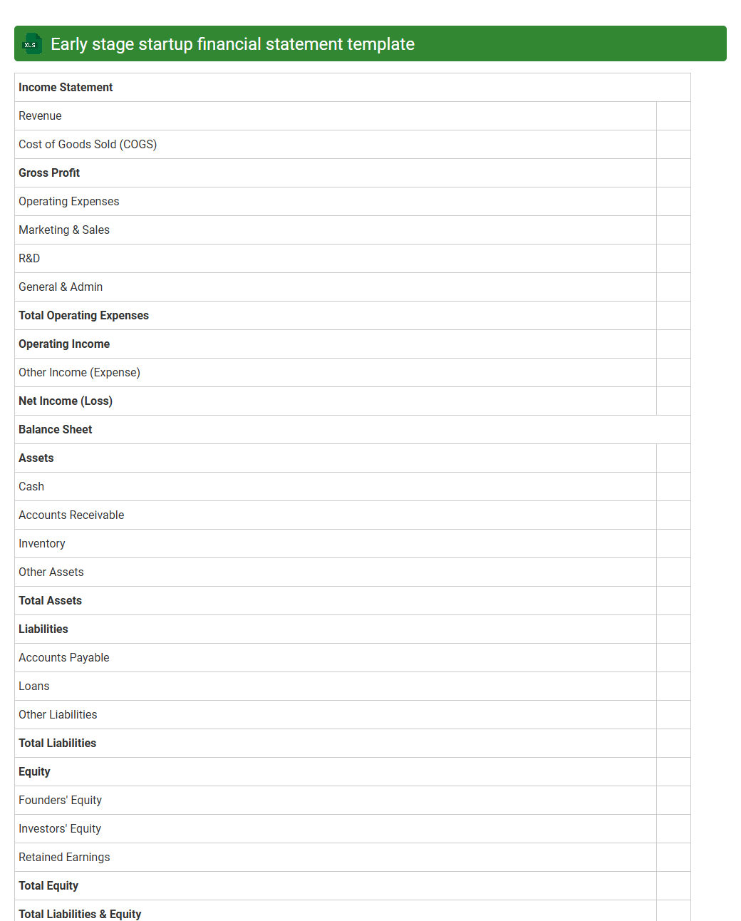 Early stage startup financial statement template