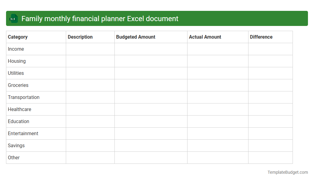 Family monthly financial planner Excel document