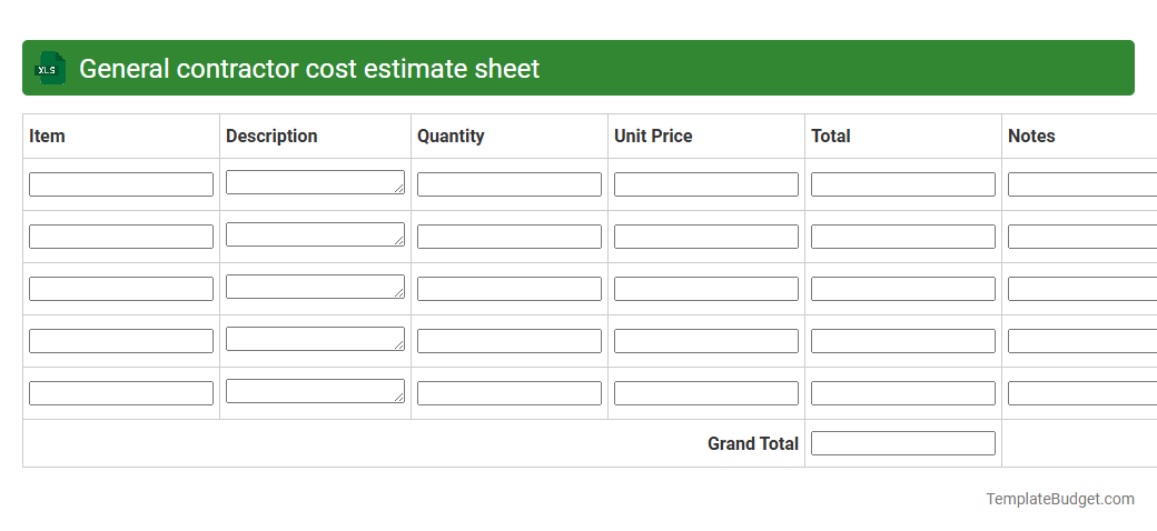 General contractor cost estimate sheet