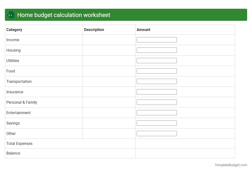 Home budget calculation worksheet