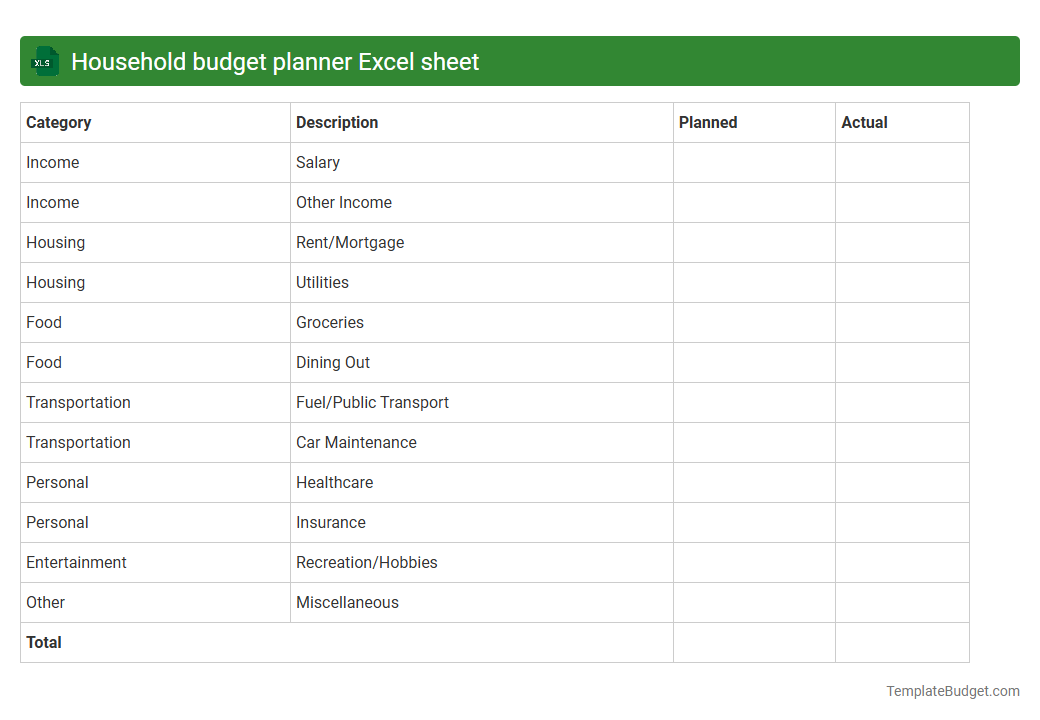 Household budget planner Excel sheet