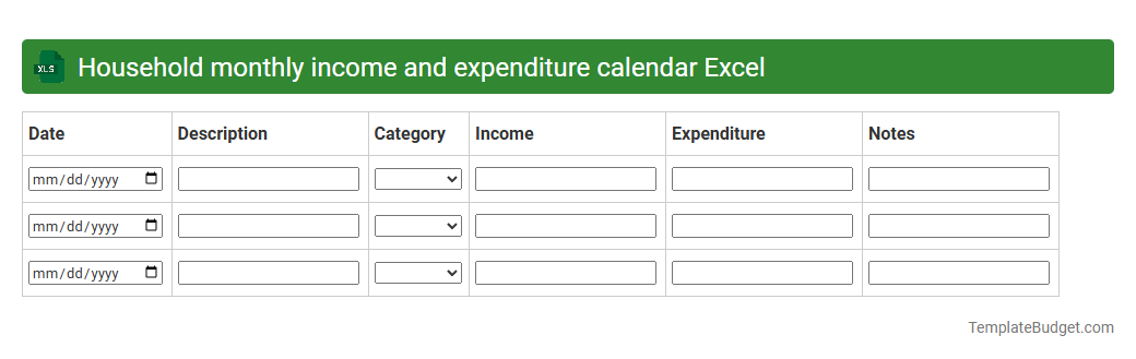 Household monthly income and expenditure calendar Excel