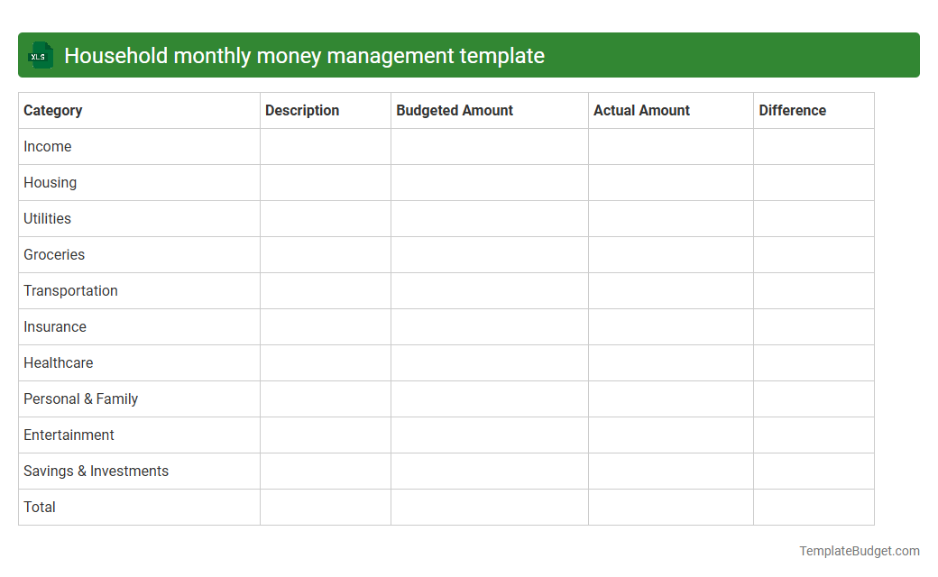 Household monthly money management template