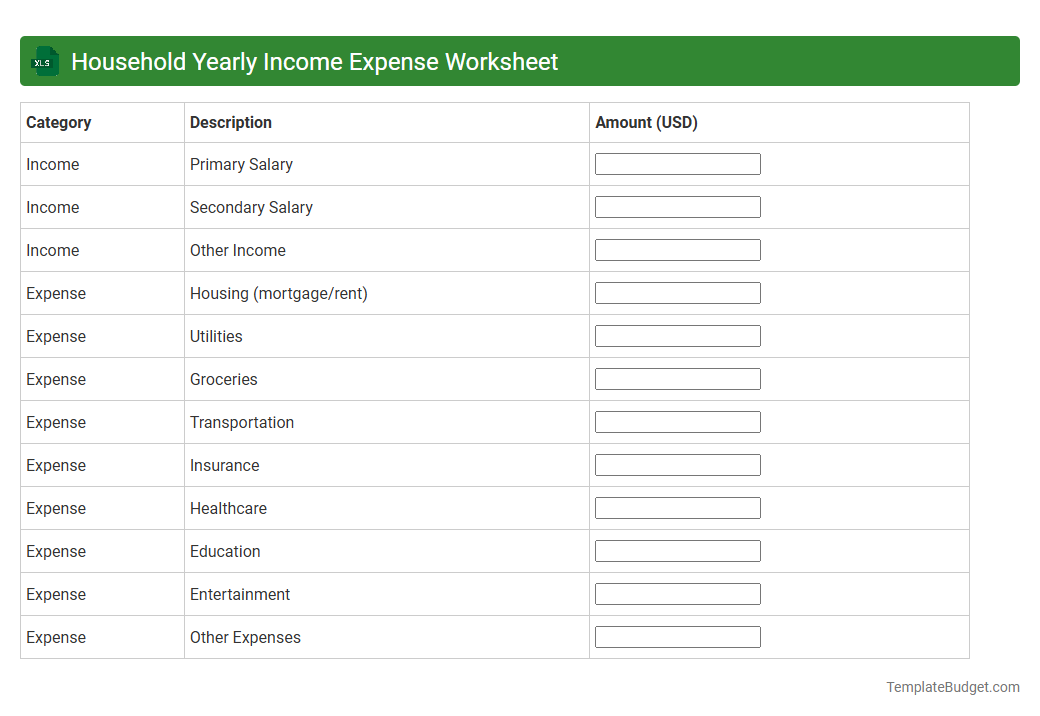 Household Yearly Income Expense Worksheet