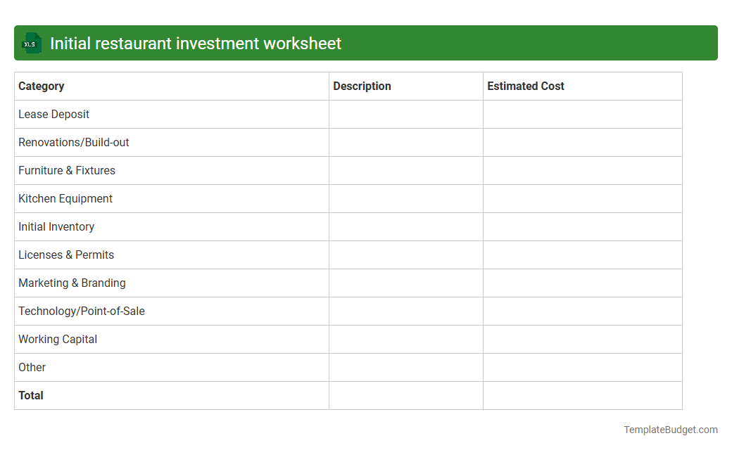 Initial restaurant investment worksheet