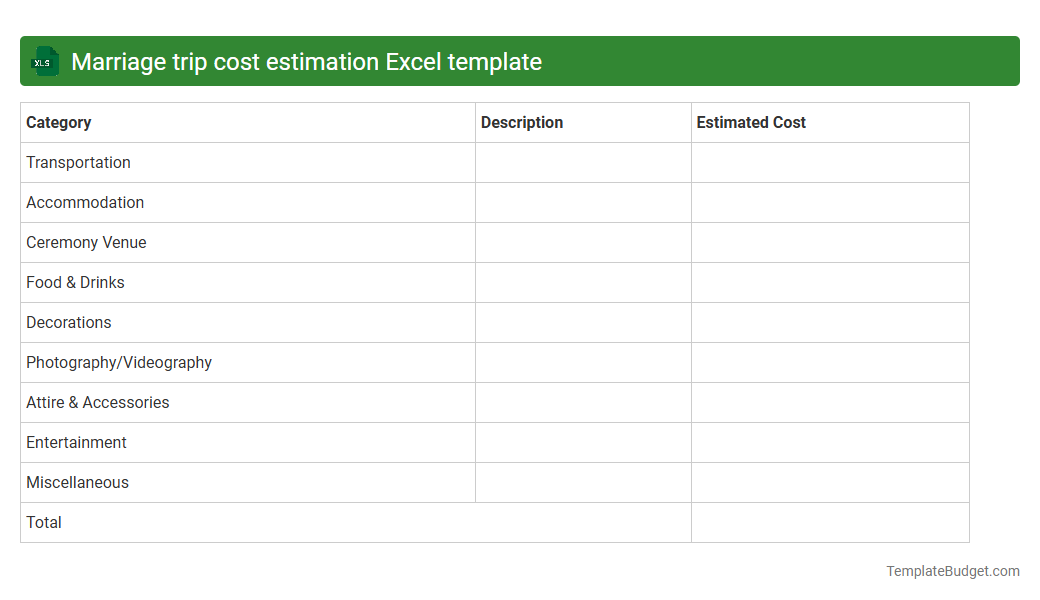 Marriage trip cost estimation Excel template
