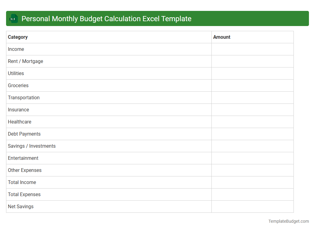Personal Monthly Budget Calculation Excel Template