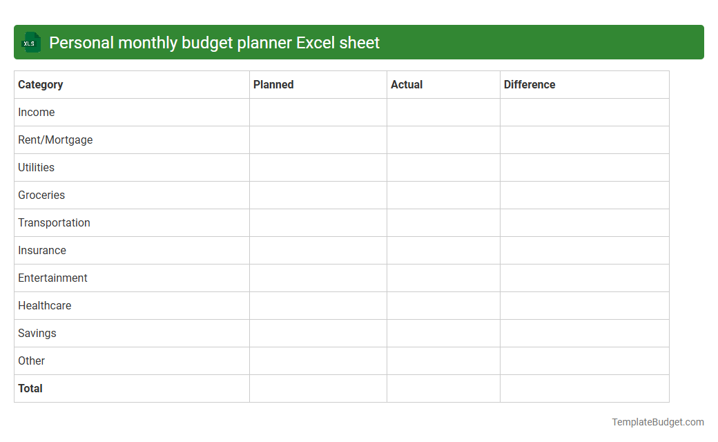 Personal monthly budget planner Excel sheet
