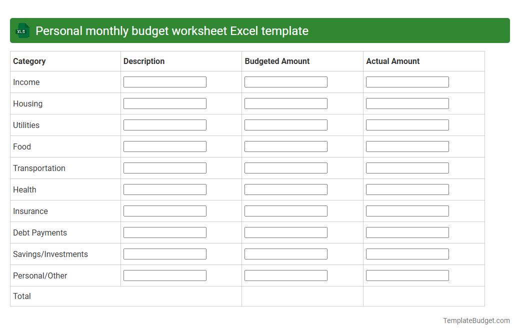 Personal monthly budget worksheet Excel template